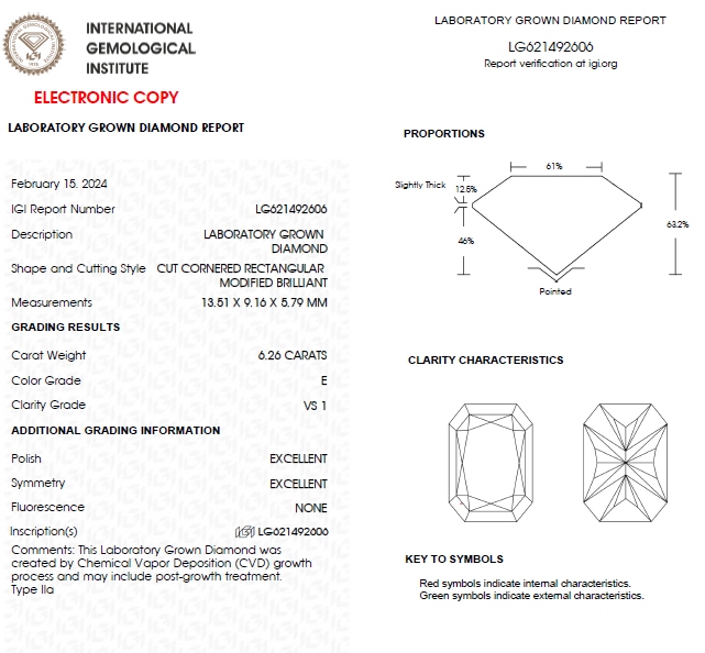 6 CT Radiant Cut Lab Grown Diamond For Engagement Ring