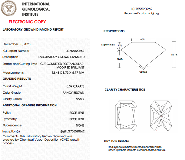 Fancy Brown 5.39 CT Radiant Cut Lab Grown Diamond | IGI Certified