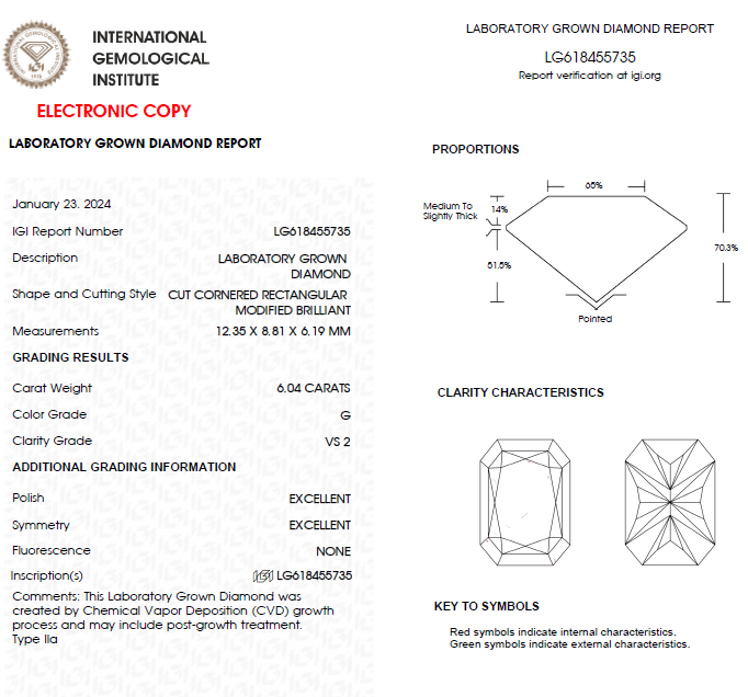 6 CT Radiant Cut Lab Grown Diamond For Engagement Ring