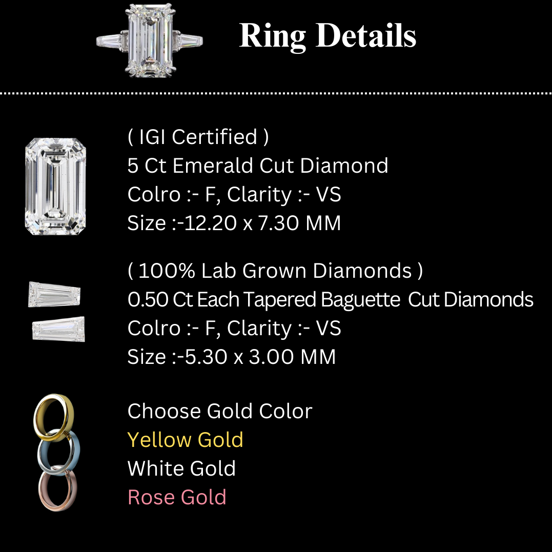 5 CT Emerald Cut Three Stone Lab Grown Diamond 14Kt white Gold Engagement Ring