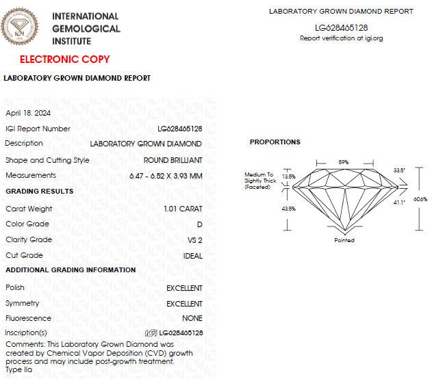 1 CT Round Lab Grown Diamond For Engagement Ring