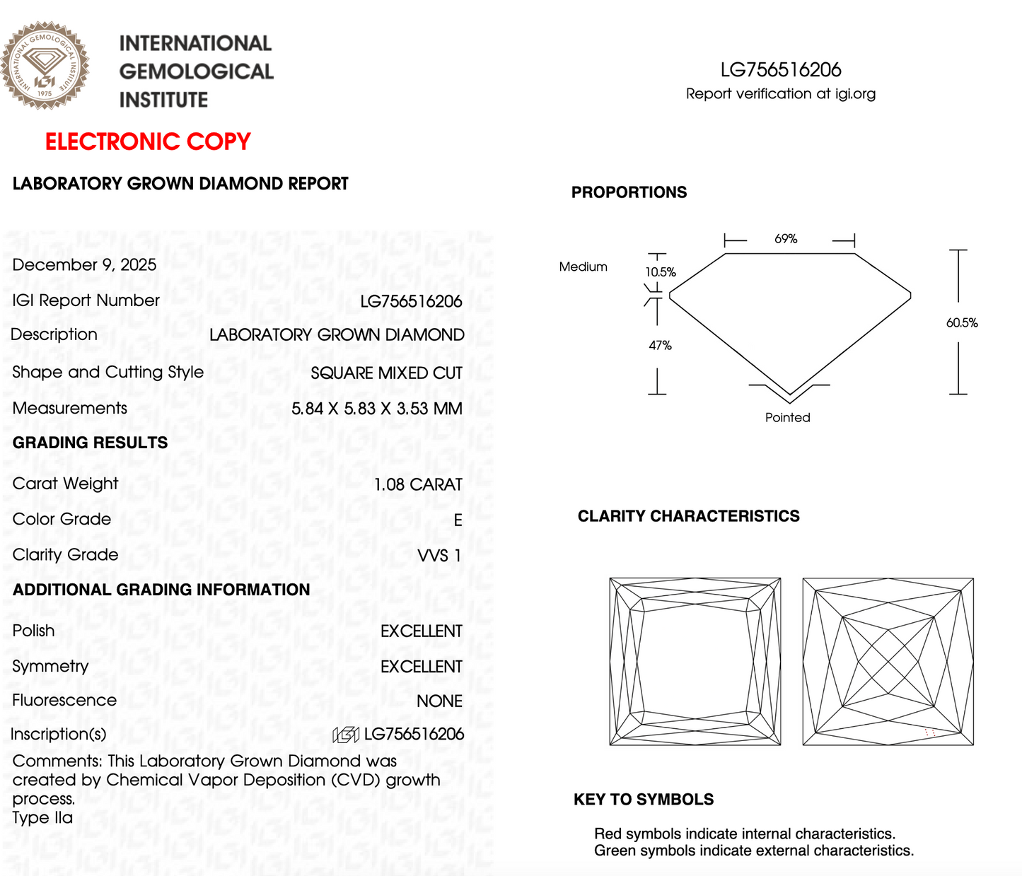 1 CT Square Cut Lab Grown Diamond For Engagement Ring