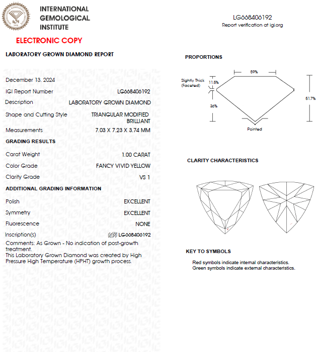 1 CT Trilliant Cut Vivid Yellow Lab Grown Diamond For Engagement Ring