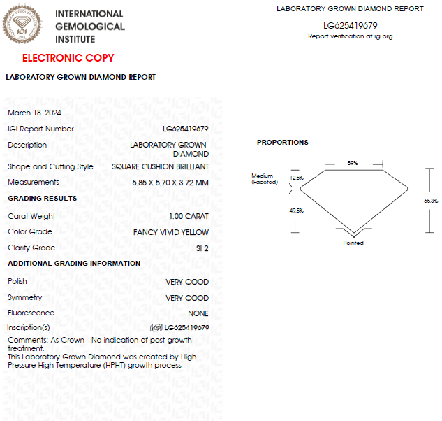 1 CT Yellow Cushion Cut Lab Grown Diamond For Engagement Ring