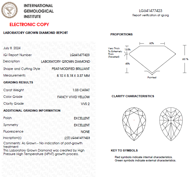 1 CT Yellow Pear Lab Grown Diamond For Engagement Ring