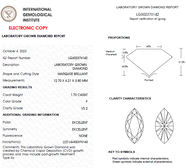 1.70 CT Marquise Lab Grown Diamond For Engagement Ring