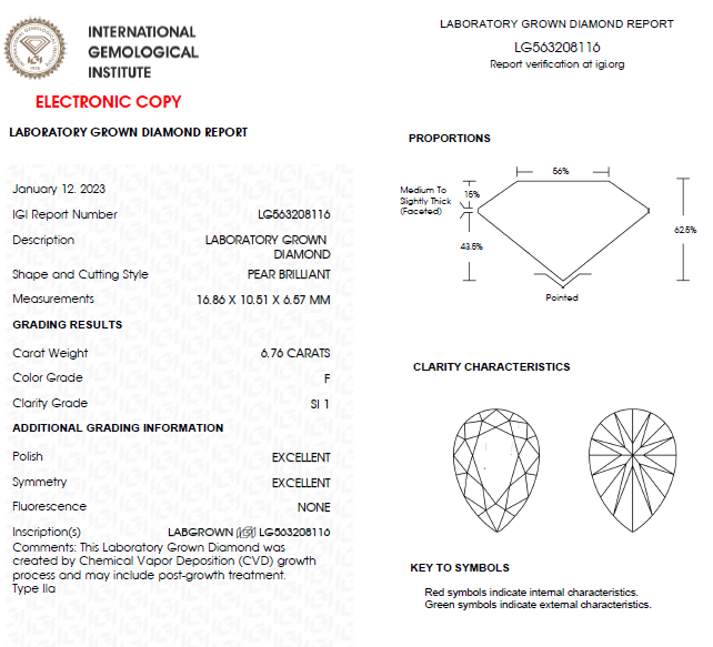6.76 CT Pear Shape Lab Grown Diamond For Engagement Ring