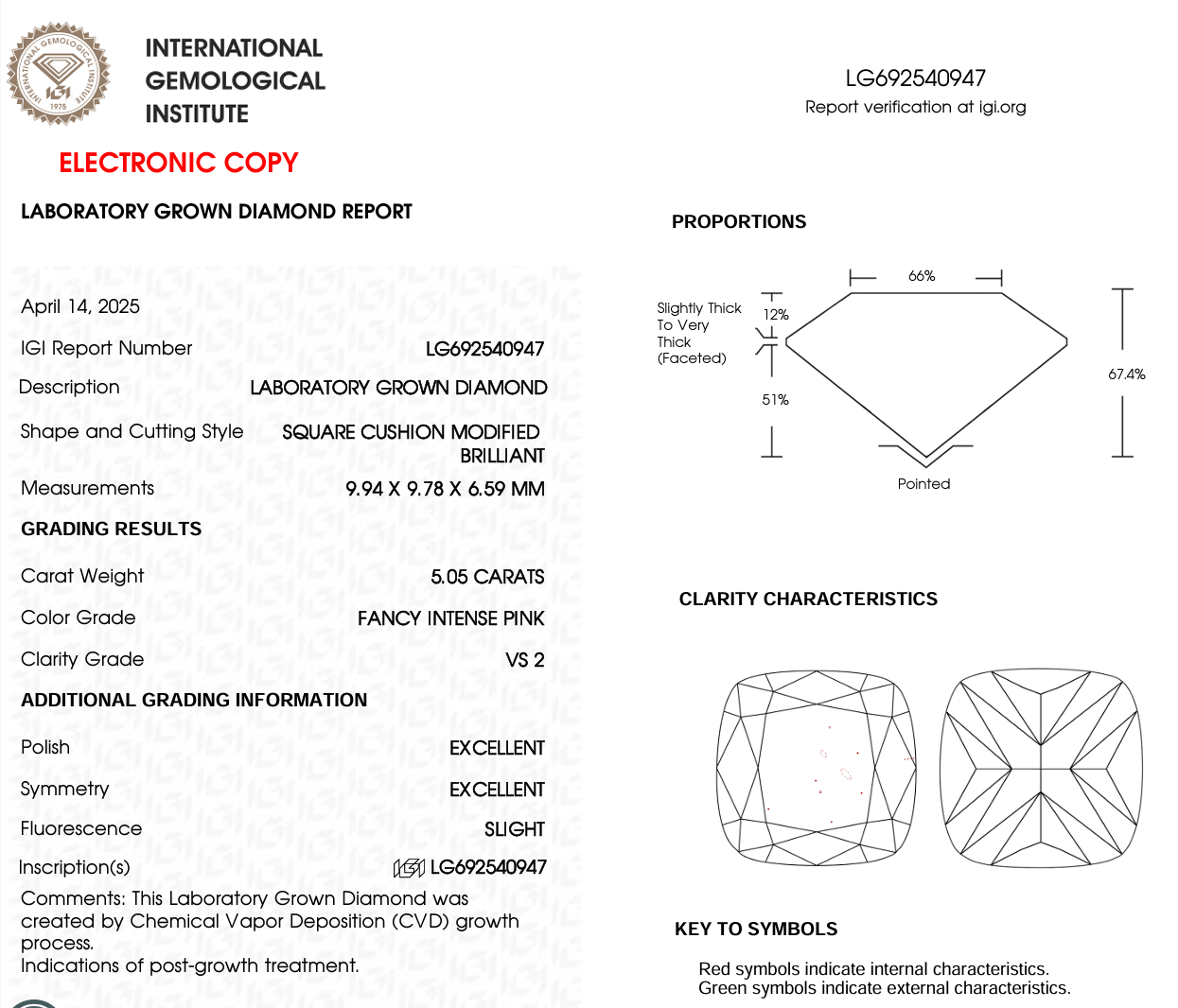 5 CT Pink Cushion Lab Grown Diamond for Necklace | IGI Certified | Best for Anniversary Gift