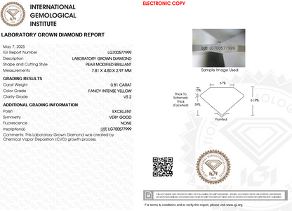 0.80 CT Yellow Pear Lab Grown Diamond For Engagement Ring - IGI Certified
