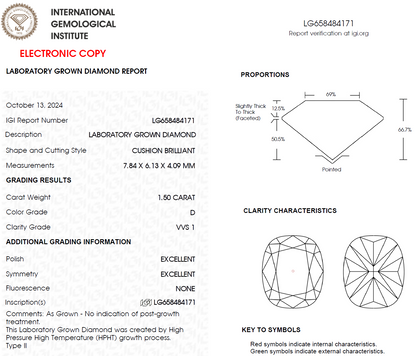 1.50 CT Elongated Cushion Cut D VVS1 Lab Grown Diamond For Engagement Ring - IGI