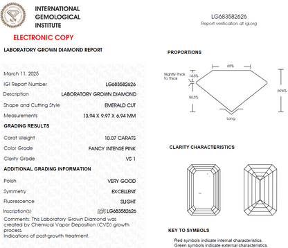 10 CT Pink Emerald Cut Lab Grown Diamond For Engagement Ring - IGI Certified
