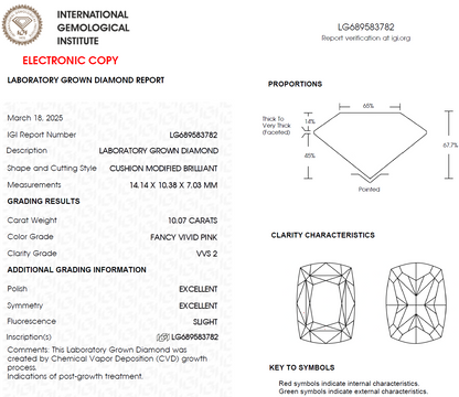 10 CT Pink Cushion Cut Lab Grown Diamond For Engagement Ring - IGI Certified VVS2