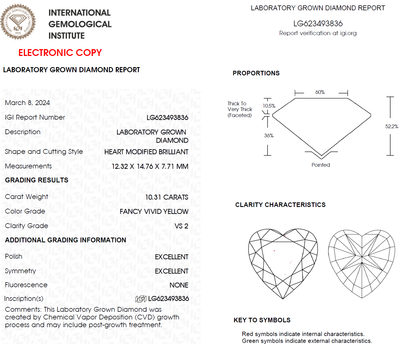 10.31 CT Yellow Heart Shape Lab Grown Diamond For Engagement Ring -IGI Certified