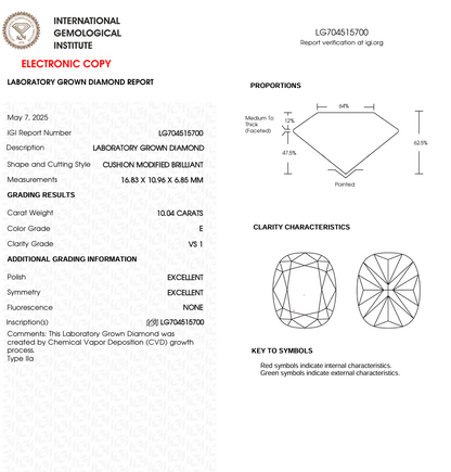 10 CT Cushion Cut Lab Grown Diamond for Engagement Ring | IGI Certified | Best for Anniversary Gift or Wedding Gift