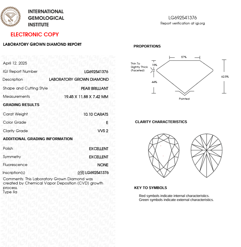10 CT Pear Cut Lab Grown Diamond for Anniversary Gift | IGI Certified | Best for Engagement Ring or Necklace | Gift for Wife