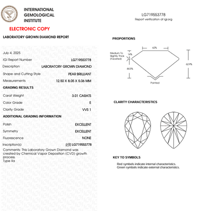 3 CT Pear Cut Lab Grown Diamond for Anniversary Gift | IGI Certified | Best for Wedding Gift or Birthday Gift | Diamond for Jewelry