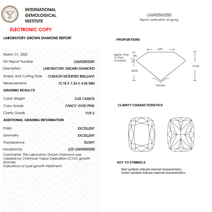3 CT Pink Cushion Cut Lab Grown Diamond | IGI Certified Diamond for Engagement Ring or Anniversary Gift