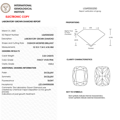 3 CT Pink Cushion Cut Lab Grown Diamond | IGI Certified Diamond for Engagement Ring or Anniversary Gift