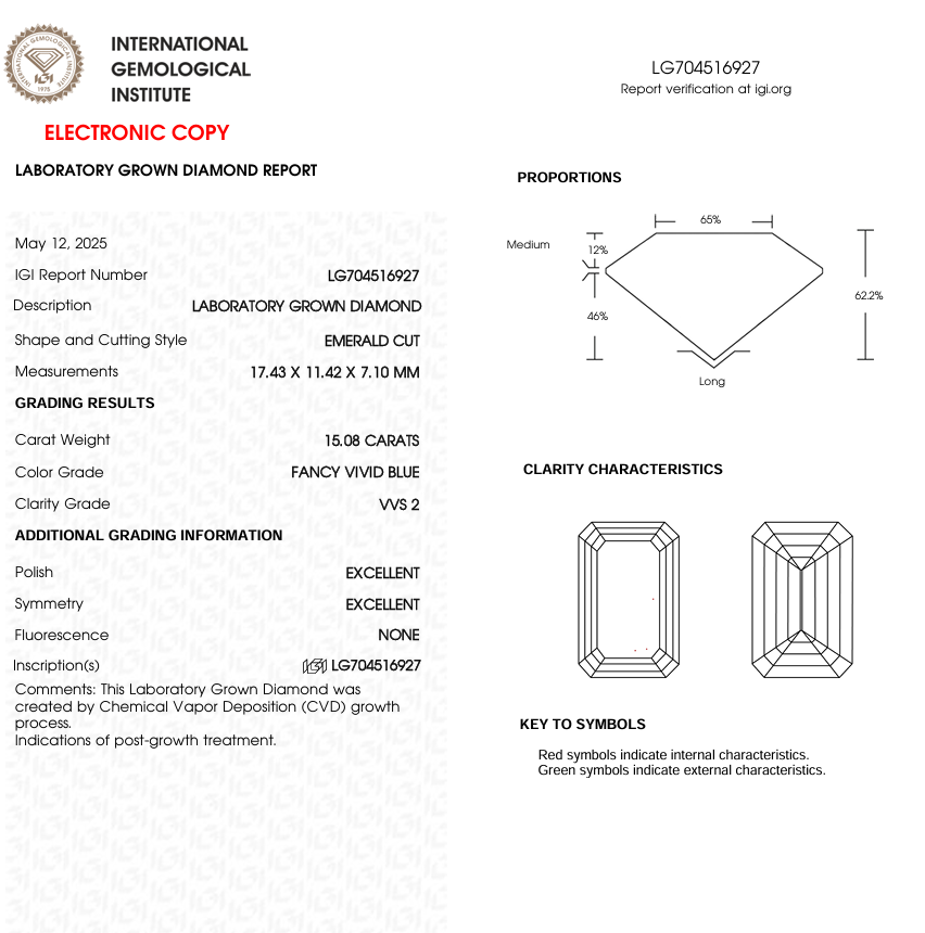 15 CT Blue Emerald Cut Lab Grown Diamond for Engagement Ring or Anniversary Gift | IGI Certified | Best for Necklace or Bracelet | Gift for Wife