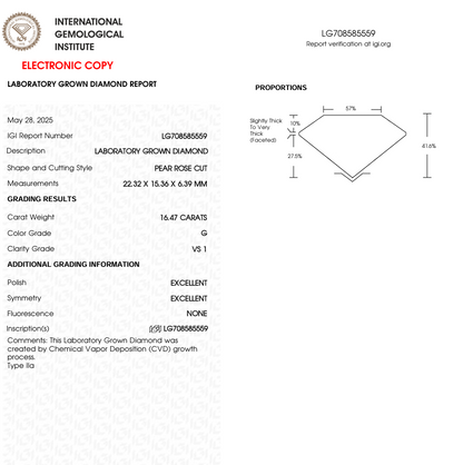 16.47 CT Pear Rose Cut Lab Grown Diamond for Engagement Ring or Anniversary Gift | IGI Certified | Best for Necklace or Bracelet