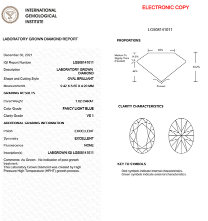 1.62 CT Light Blue Oval Cut Lab Grown Diamond for Necklace | IGI Certified | Best for Engagement Ring or Anniversary Gift | Gift for Wife