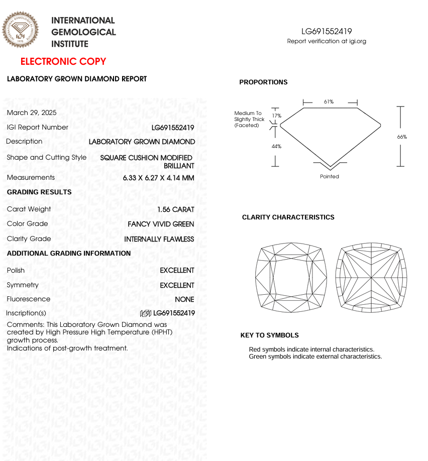 1.56 CT Green Square Cushion Lab Grown Diamond for Engagement Ring or Anniversary Gift | IGI Certified | Best for Necklace or Bracelet | Gift for Wife