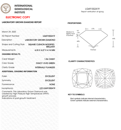 1.56 CT Green Square Cushion Lab Grown Diamond for Engagement Ring or Anniversary Gift | IGI Certified | Best for Necklace or Bracelet | Gift for Wife