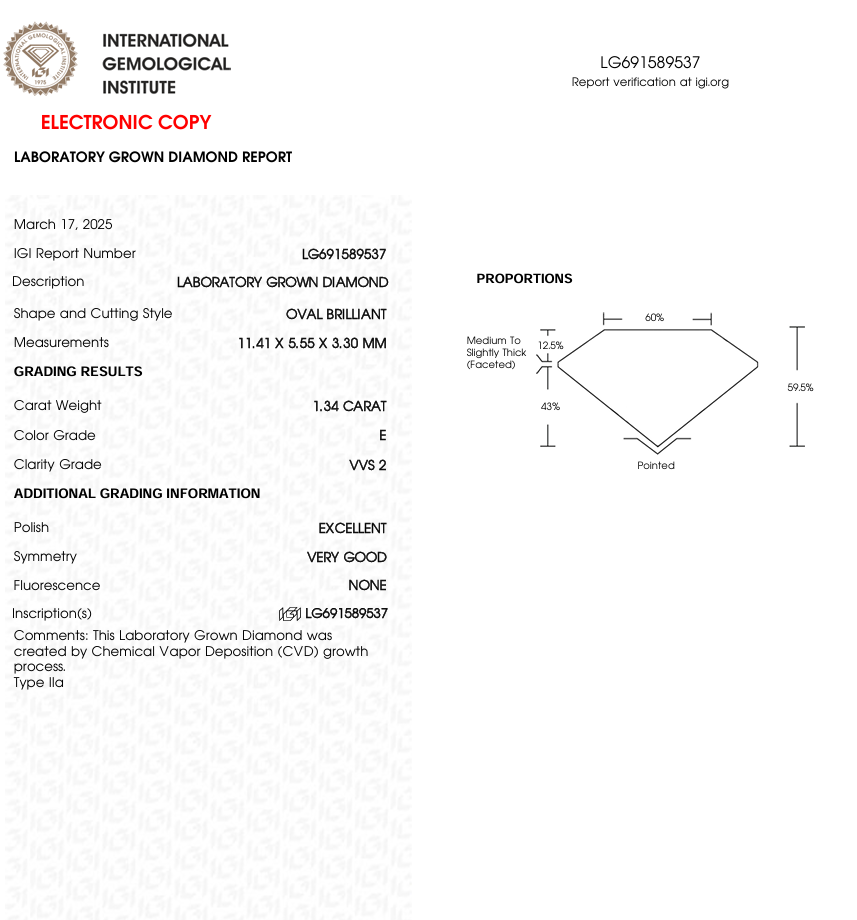 1.34 CT Oval Lab Grown Diamond for Engagement Ring or Anniversary Gift | IGI Certified | Best for Necklace or Earrings | Gift for Girl