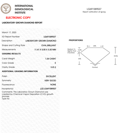 1.34 CT Oval Lab Grown Diamond for Engagement Ring or Anniversary Gift | IGI Certified | Best for Necklace or Earrings | Gift for Girl