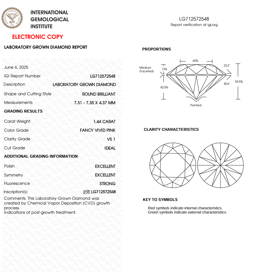 1.44 CT Pink Round Cut Lab Grown Diamond for Engagement Ring | IGI Certified | Diamond for Necklace or Bracelet