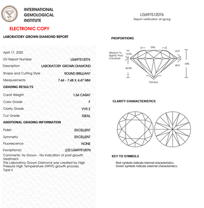 1.54 CT Round Cut Lab Grown Diamond for Anniversary Gift | IGI Certified | Diamond for Jewelry or Engagement Ring