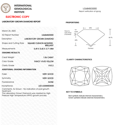 1 CT Yellow Square Cushion Lab Grown Diamond for Necklace or Earrings | IGI Certified | Best for Anniversary Gift or Engagement Ring | Gift for Wife