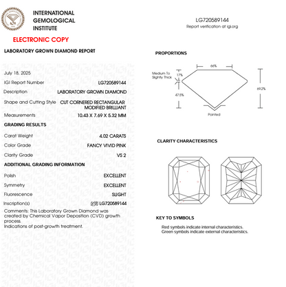 4 CT Pink Radiant Cut Lab Grown Diamond for Engagement Ring or Anniversary Gift | IGI Certified | Best Diamond for Jewelry or Birthday Gift