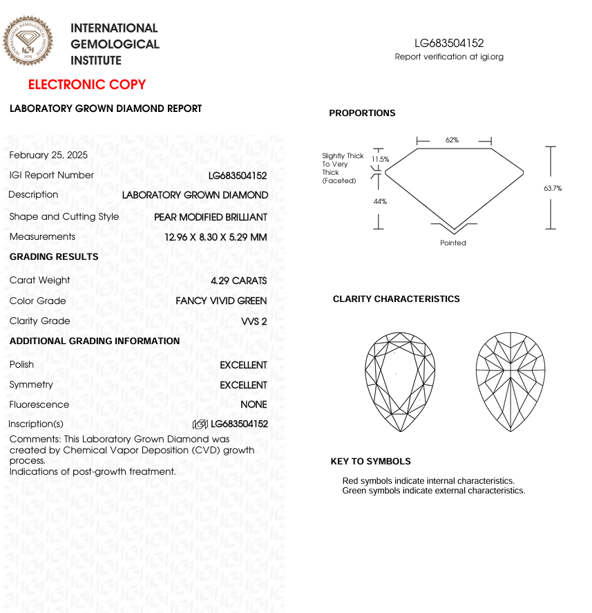 4.29 CT Green Pear Cut Lab Grown Diamond for Anniversary Gift | IGI Certified | Diamond for Jewelry or Engagement Ring