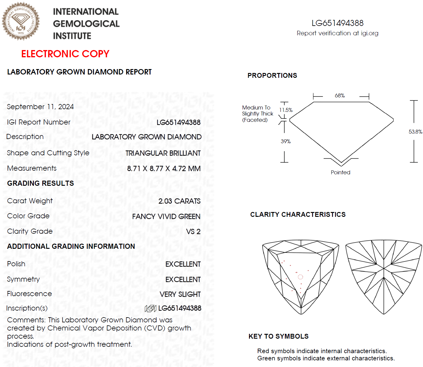 2.03 CT Green Triangle Lab Grown Diamond For Engagement Ring - IGI Certified