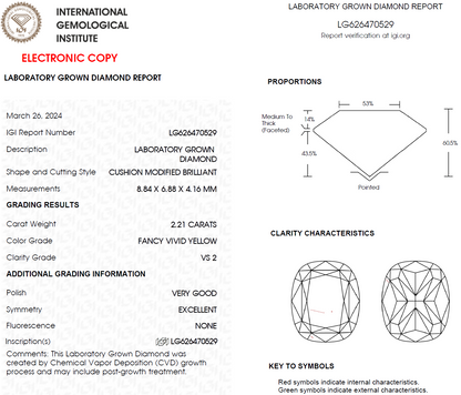 2.21 CT Yellow Cushion Cut Lab Grown Diamond For Engagement Ring - IGI Certified