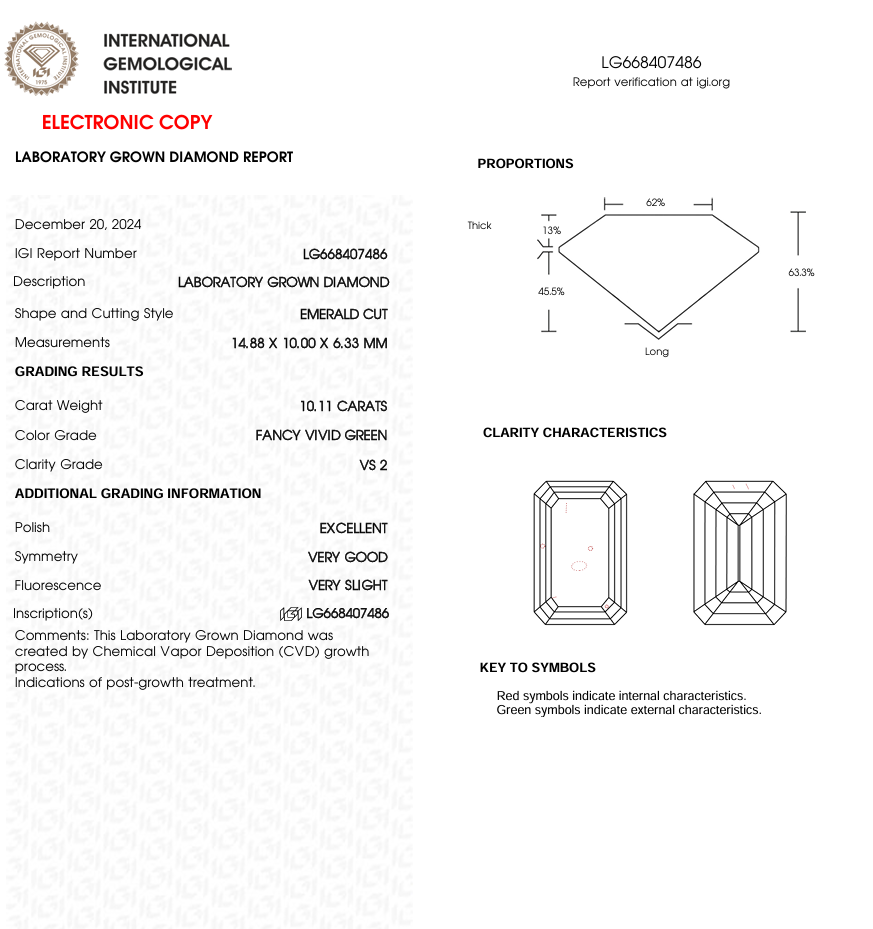 10.11 CT Green Emerald Cut Lab Grown Diamond | IGI Certified | Diamond for Anniversary Gift or Wedding Gift