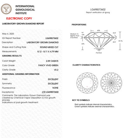 2 CT Green Round Lab Grown Diamond for Engagement Ring or Anniversary Gift | IGI Certified | Best for Necklace or Earrings | Gift for Wife