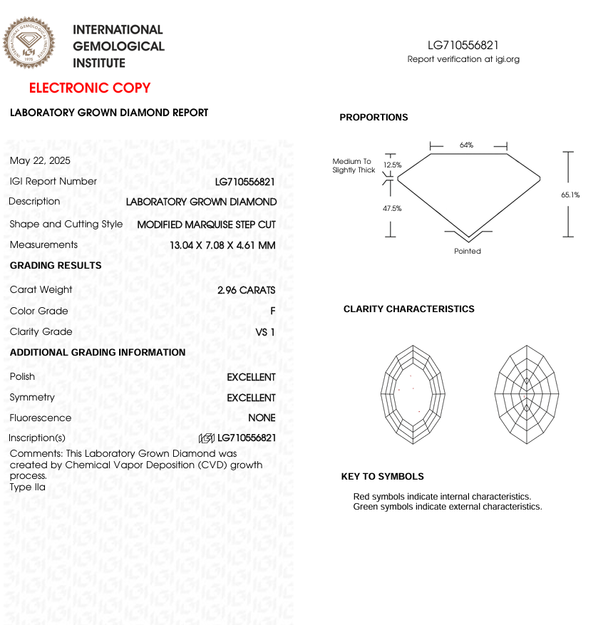 2.96 CT Marquise Lab Grown Diamond for Engagement Ring | IGI Certified | Best for Anniversary Gift or Necklace | Gift for Wife