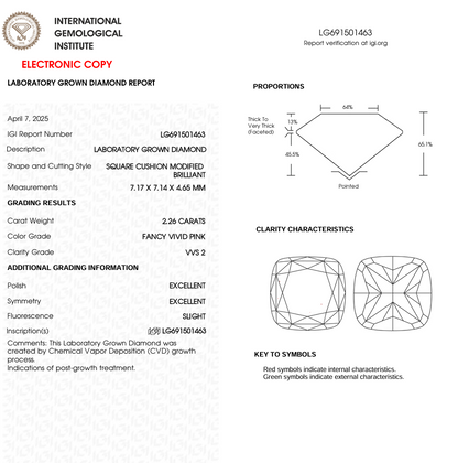 2.26 CT Pink Square Cushion Cut Lab Grown Diamond for Wedding Gift | IGI Certified | Diamond for Jewelry