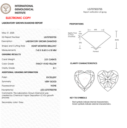2 CT Yellow Heart Cut Lab Grown Diamond for Engagement Ring | IGI Certified | Best Diamond for Anniversary Gift or Wedding Gift