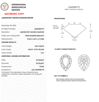 2 CT Yellow Pear Cut Lab Grown Diamond for Wedding Gift | IGI Certified | Diamond for Anniversary Gift or Jewelry