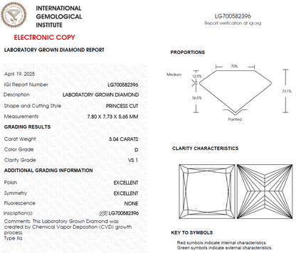 3 CT Princess Cut Lab Grown Diamond for Engagement Ring | IGI Certified | Diamond for Anniversary Gift