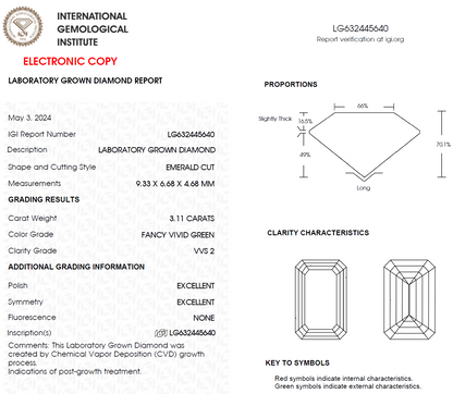 3.11 CT Green Emerald Cut Lab Grown Diamond For Engagement Ring - VVS2