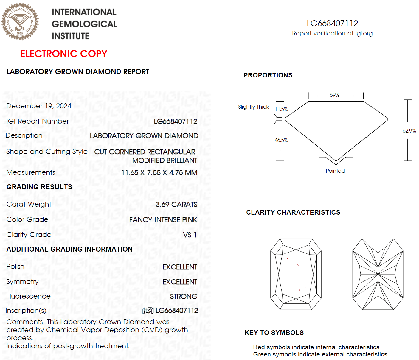 3.69 CT Pink Radiant Cut Lab Grown Diamond For Engagement Ring - IGI Certified