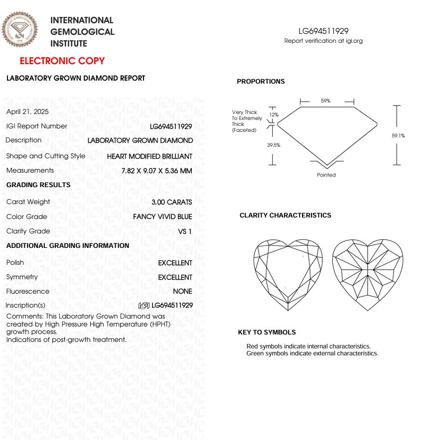 3 CT Blue Heart Cut Lab Grown Diamond for Engagement Ring or Anniversary Gift | IGI Certified | Diamond for Necklace or Bracelet