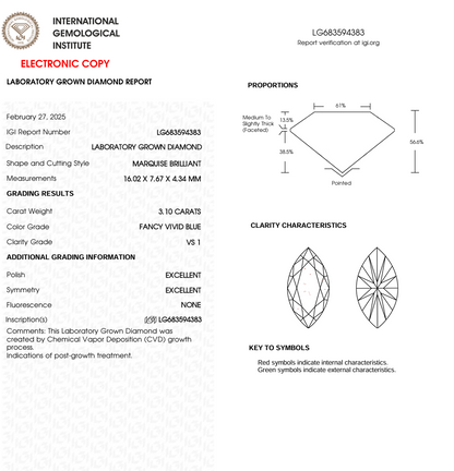 3 CT Blue Marquise Cut Lab Grown Diamond for Engagement Ring | IGI Certified | Diamond for Necklace or Bracelet | Gift for Wife