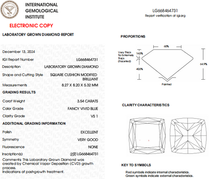 3.54 CT Vivid Blue Cushion Cut Lab Created Diamond For Engagement Ring | IGI Certified