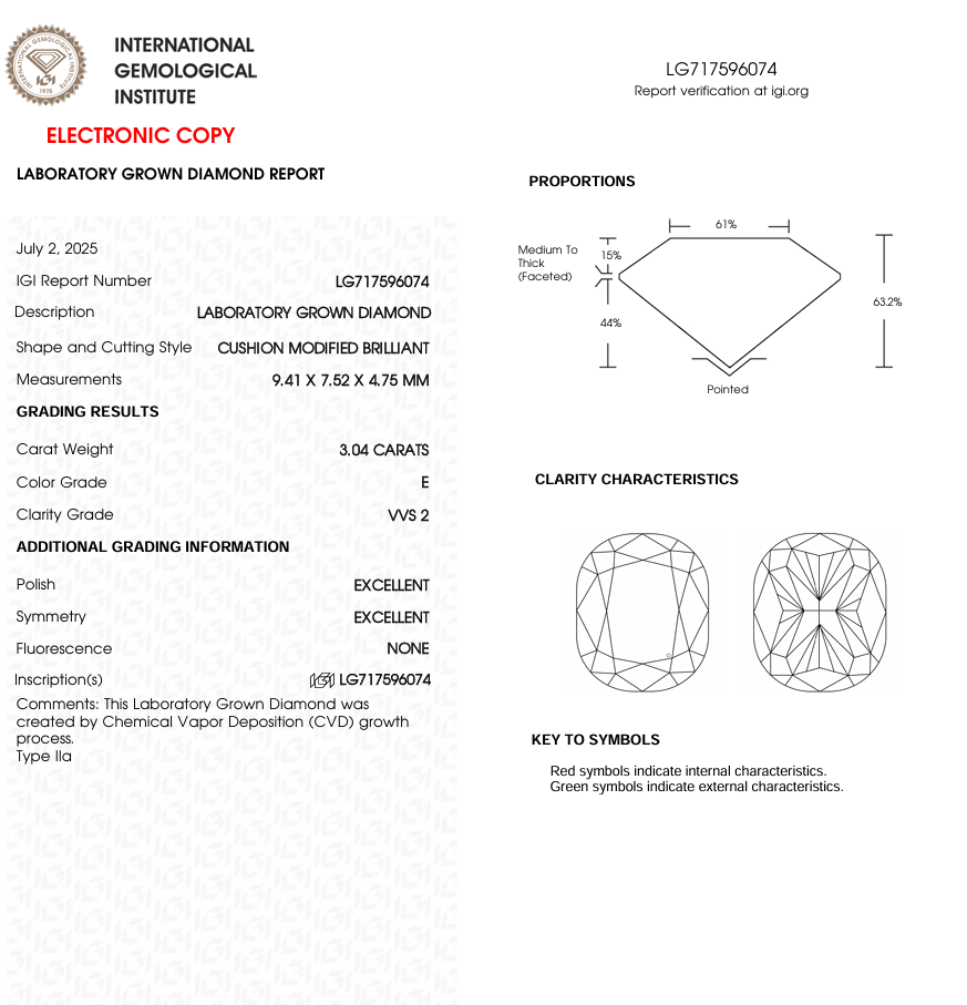 3 CT Cushion Cut Lab Grown Diamond for Engagement Ring | IGI Certified | Diamond for Anniversary Gift or Wedding Gift