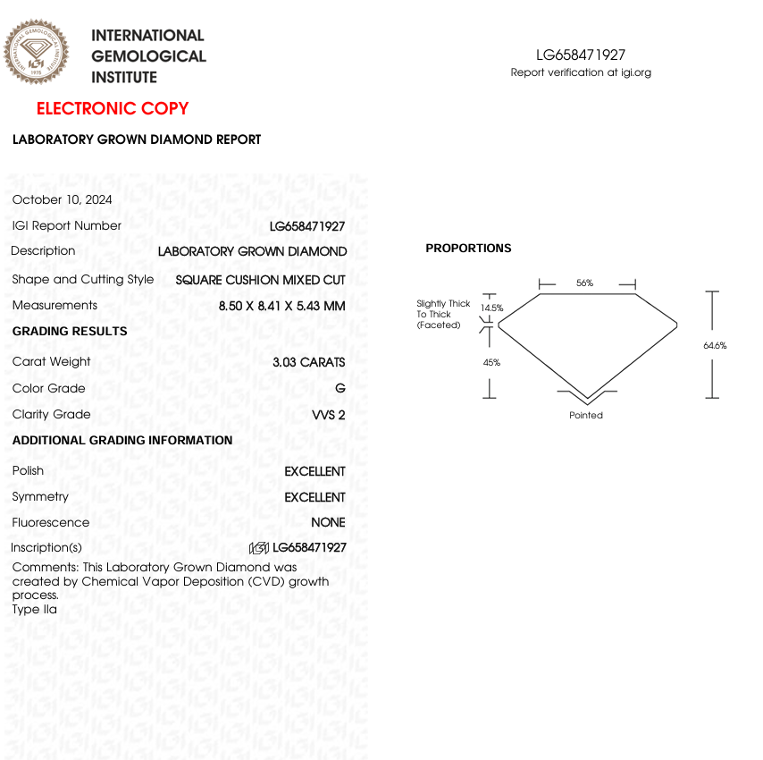 3 CT Square Cushion Cut Lab Grown Diamond | IGI Certified | Best for Engagement Ring or Anniversary Gift | Gift for Wife